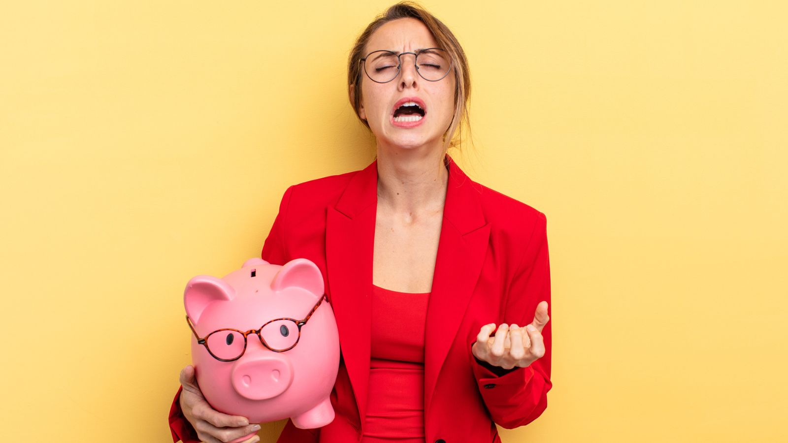 woman carrying piggy bank desperate upset
