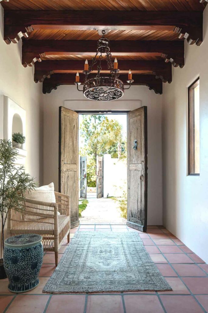 Bungalow Spanish style entryway with open doors.