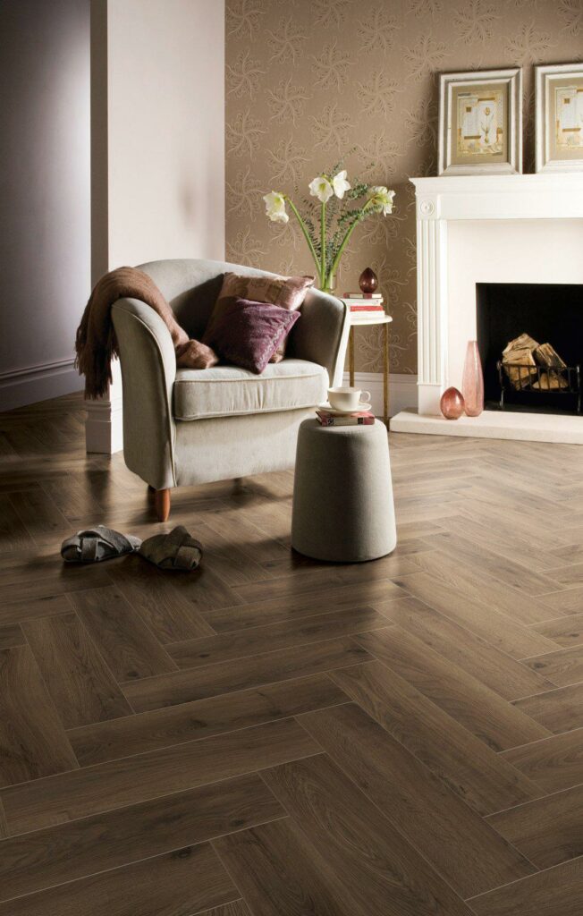 Living room herringbone flooring.