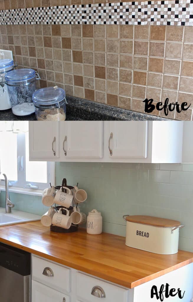 Before and after of an apartment kitchen renovation.
