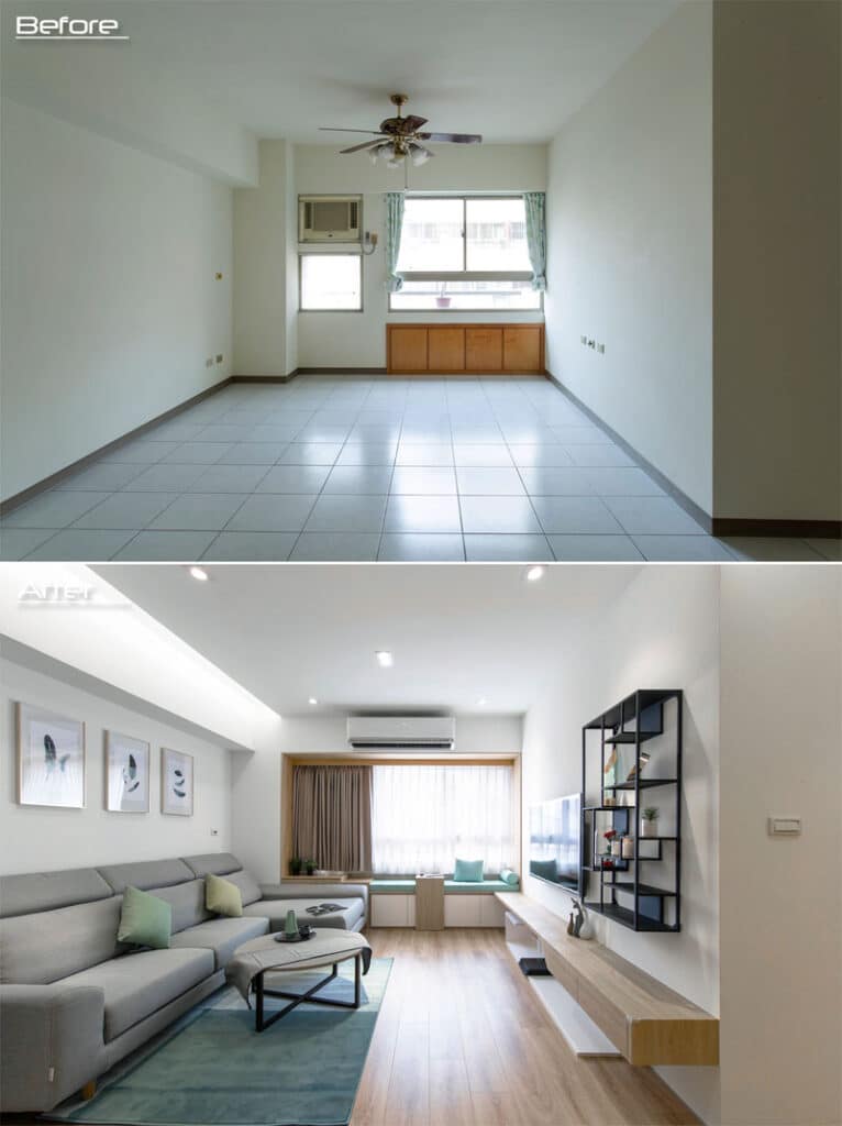 Before and after of modern living room renovation.