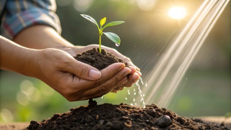 A close-up view of a person's hands carefully planting and watering a tiny seedling sprouting from a small mound of soil, cupped gently in their palms