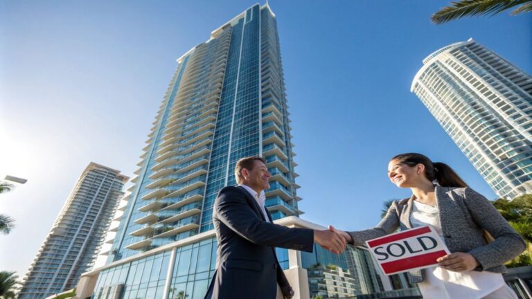 man woman shaking hands sold sign