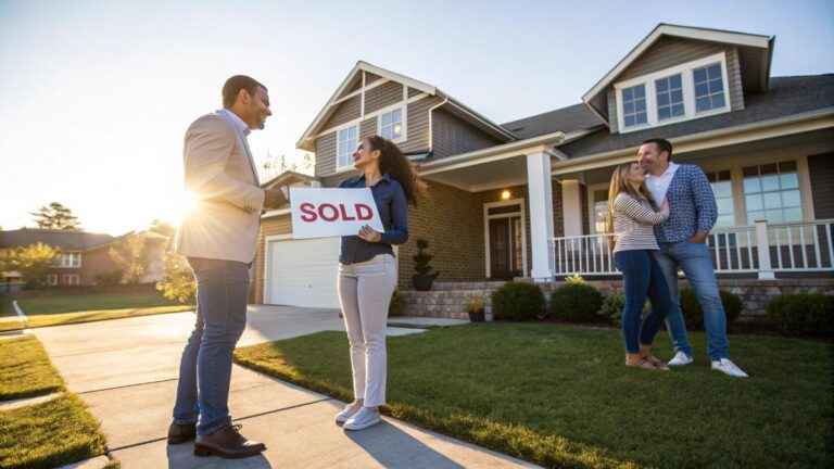 A busy real estate agent showing a young, hopeful couple a beautiful new home