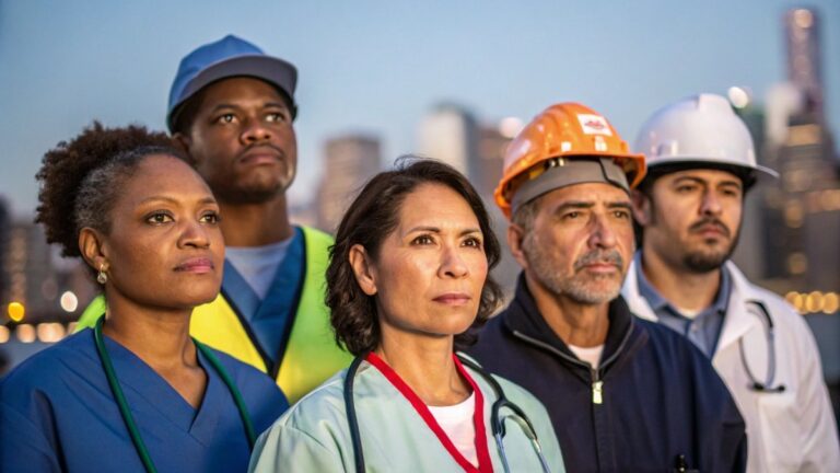 A close-up portrait of a diverse group of American workers