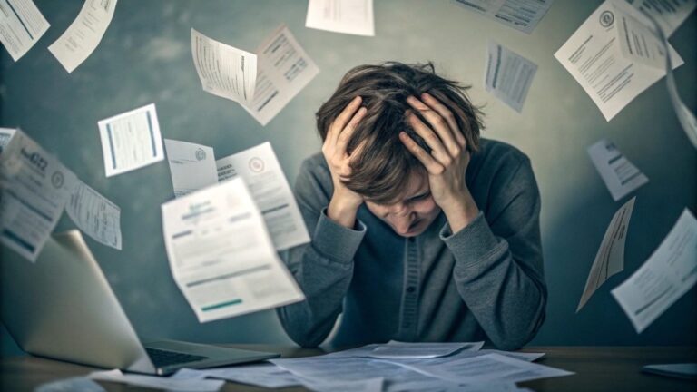 A close-up portrait of a stressed, overwhelmed young adult with their head in their hands