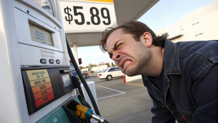 A close-up shot of a frustrated man with furrowed brow grimacing as he fills up his car at a gas station