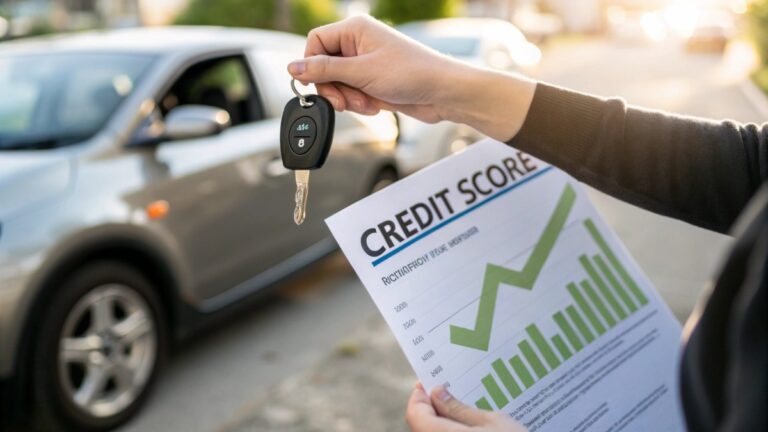 A close-up shot of a person's hand holding car keys with a shiny new car blurred in the backgroun