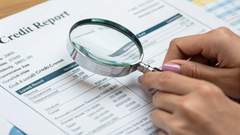 A close-up view of a person's hands holding a magnifying glass, carefully examining a detailed credit report printout