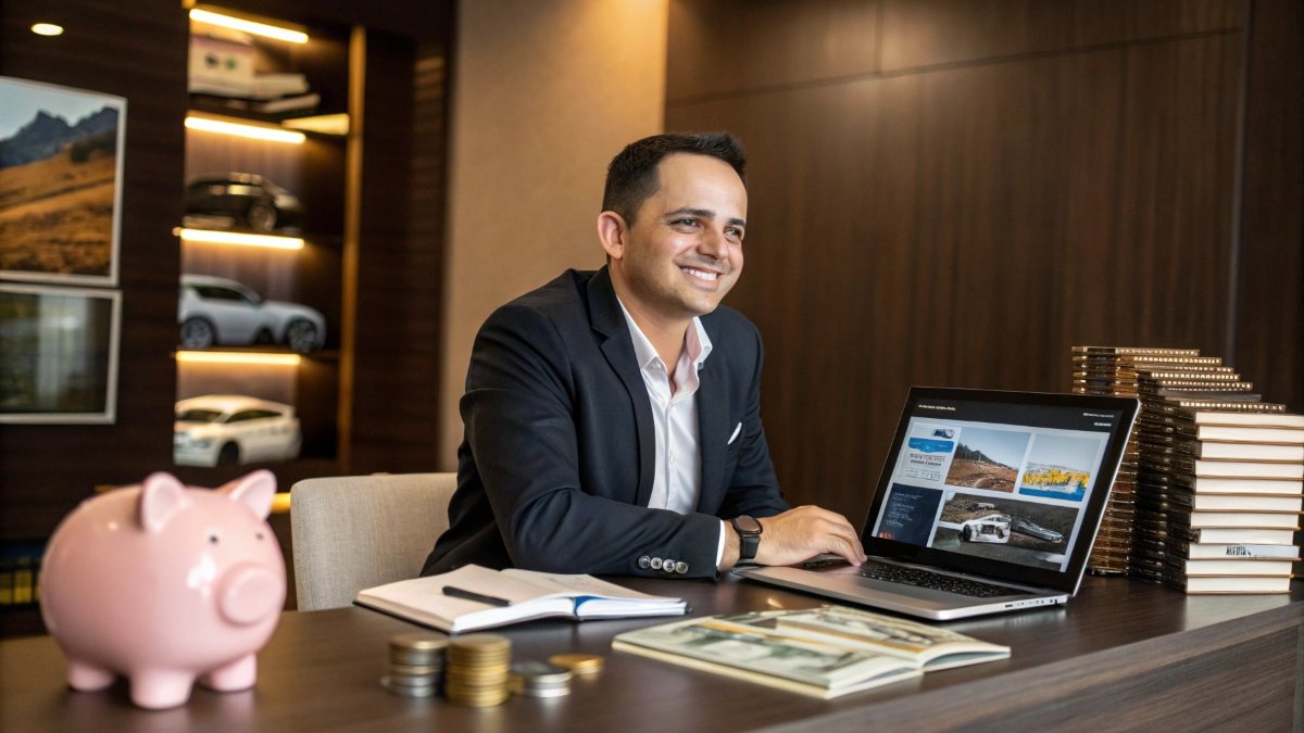 A confident, well-dressed person in their 30s sitting at a desk, surrounded by visual representations of wealth and success