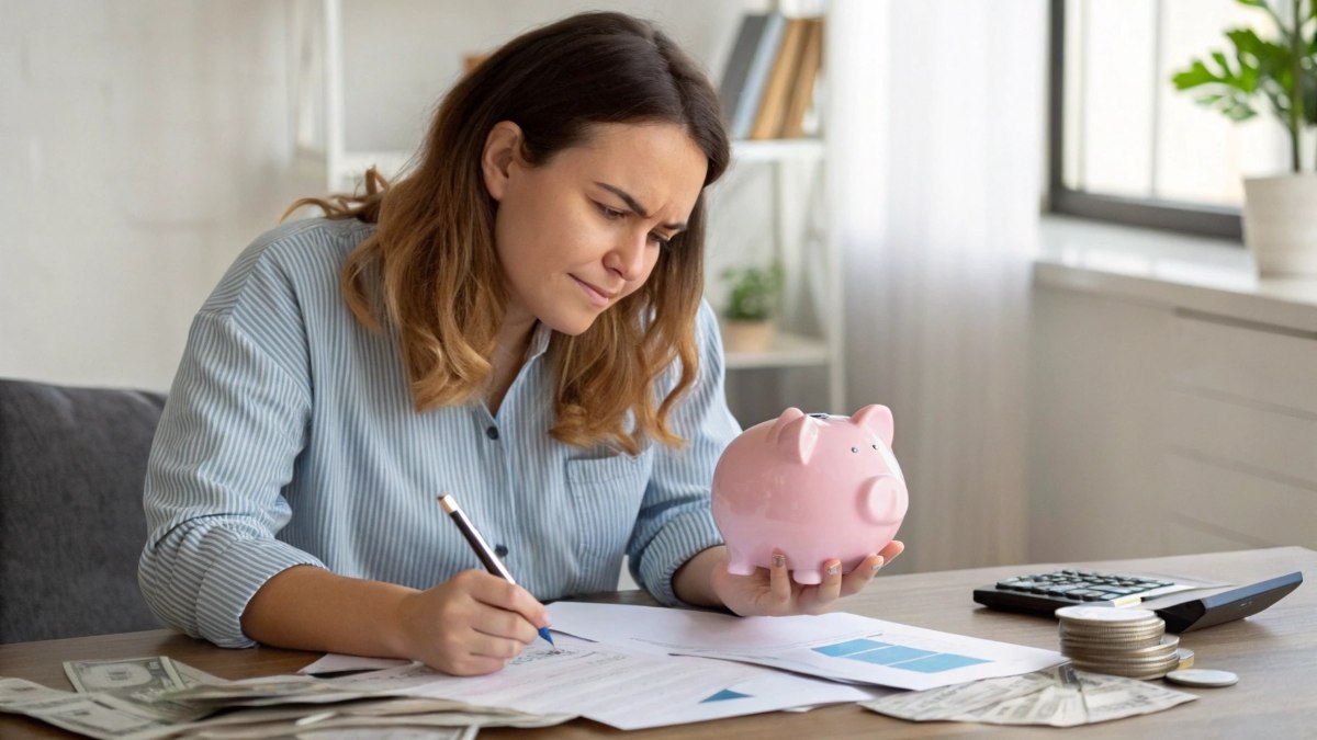 A determined and focused young woman sitting at a table, surrounded by bills and paperwork