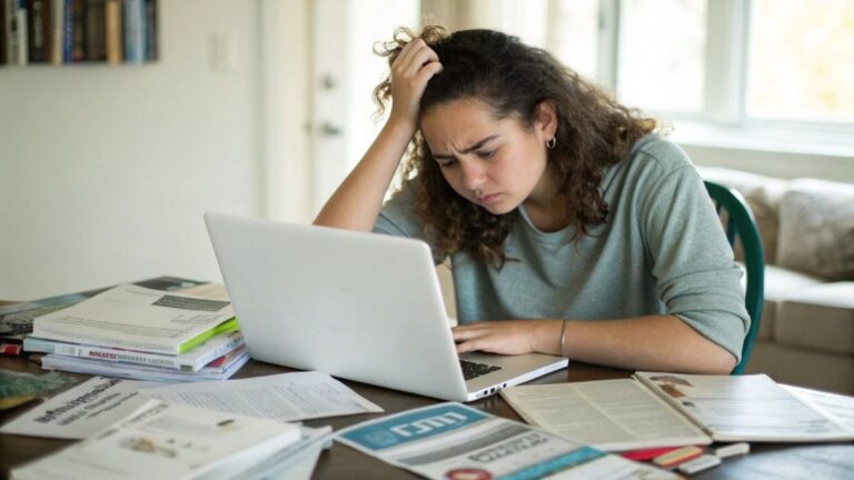 A determined looking young woman in her late teens sitting at a desk, intently working on her laptop