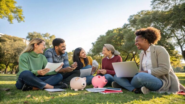 A group of five diverse, happy and relaxed people in their 30s, sitting together outdoors in a beautiful park setting