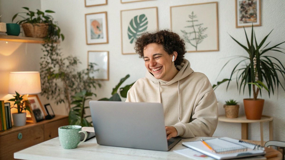 A high-resolution image of a person with a joyful expression sitting in a cozy, well-lit home office setup