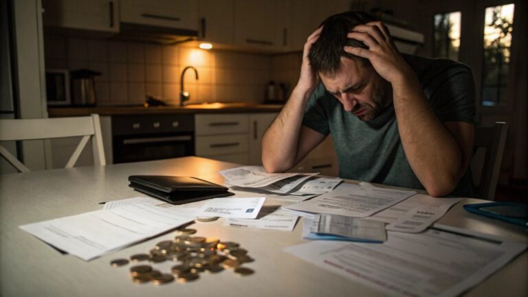 A man sitting at a kitchen table late at night,