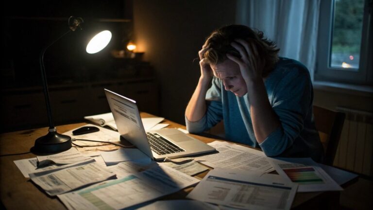 A person with a troubled and stressed expression sits at a cluttered desk late at night, illuminated only by the glow of a laptop screen.