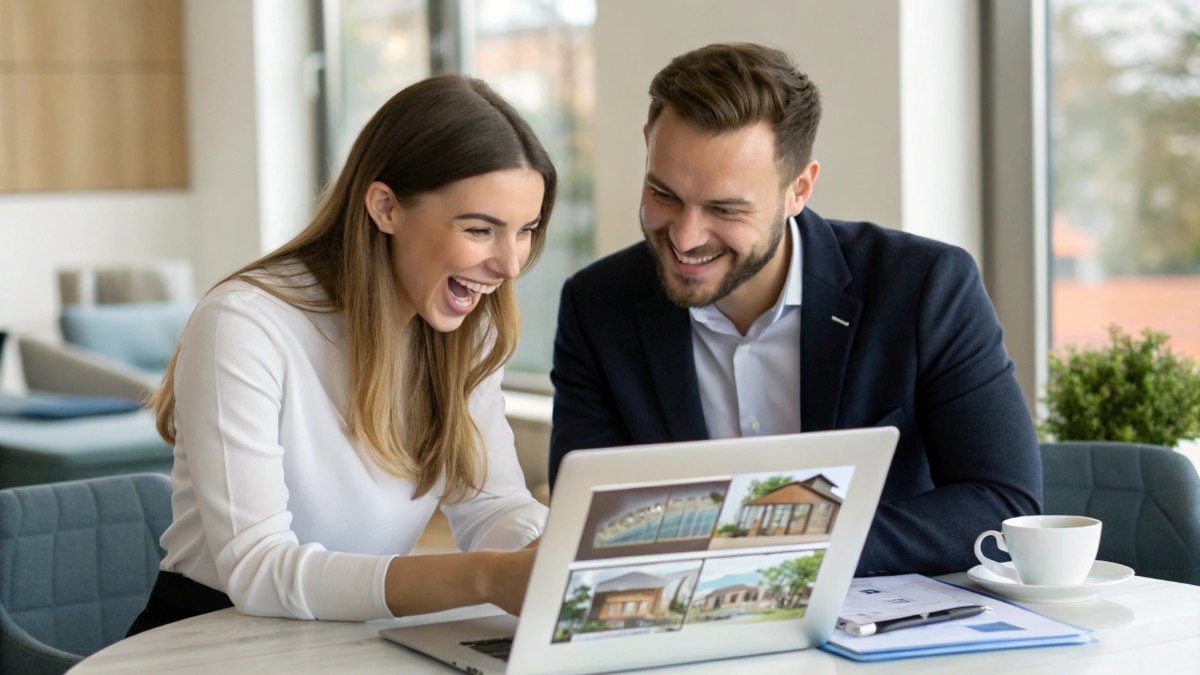 A photo of a well-dressed man and woman, both in their 30s, sitting at a table in a modern office or co-working space,