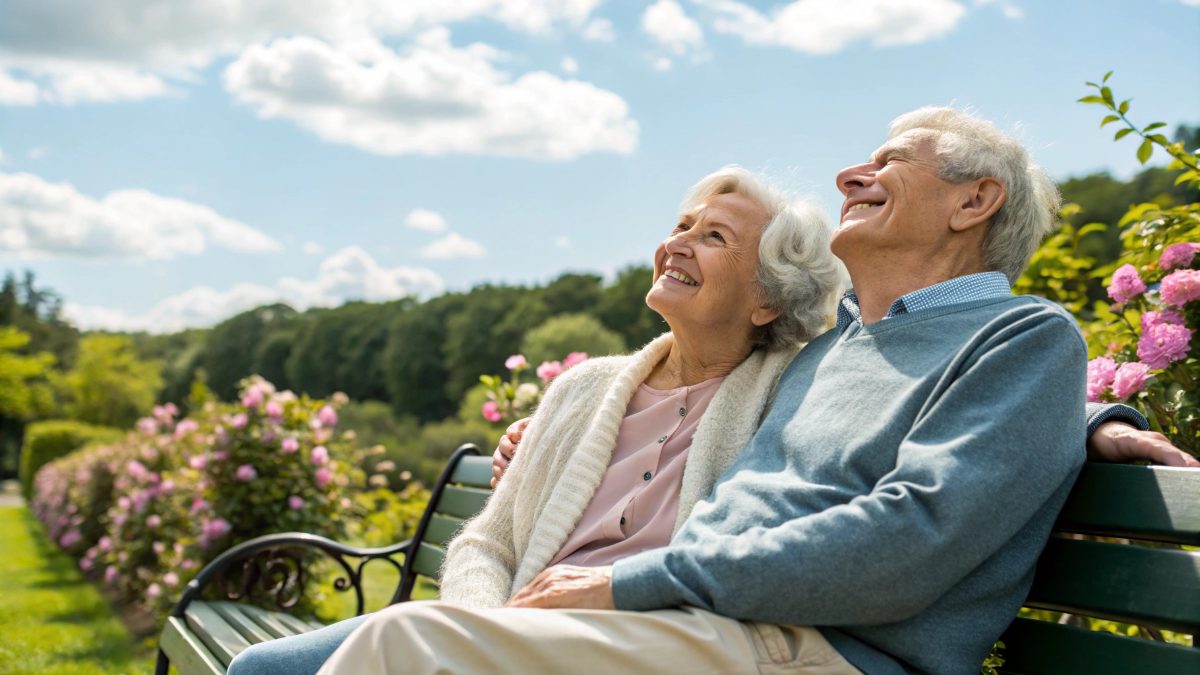 A serene and content elderly couple sitting together on a bench in a beautiful park setting