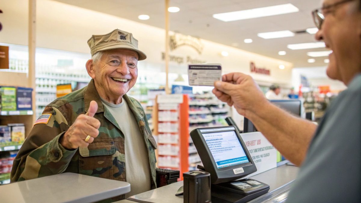 A smiling active Retired Veterans or veteran happily showing their military ID card while standing at a checkout counter