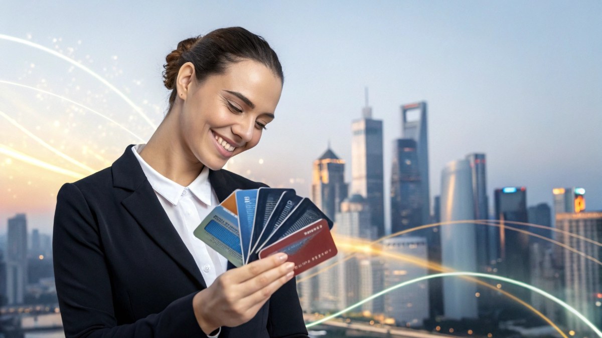 A smiling and confident young professional holding multiple credit cards fanned out in their hand,