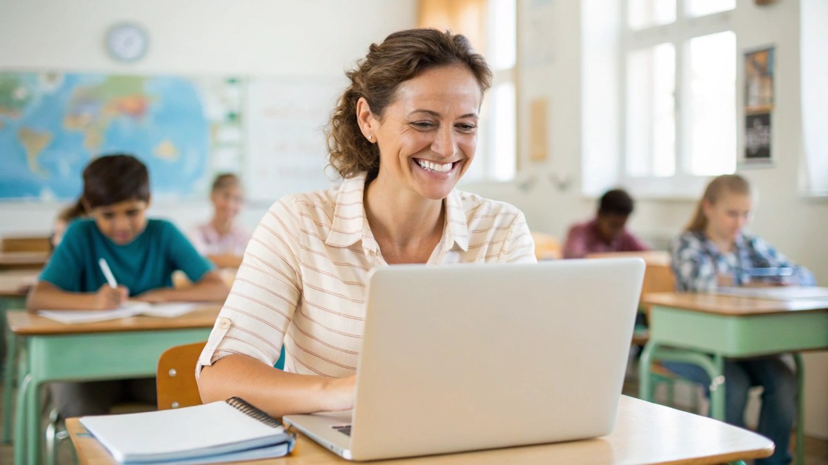 A smiling and friendly female teacher in a classroom, sitting at her desk and working on her laptop