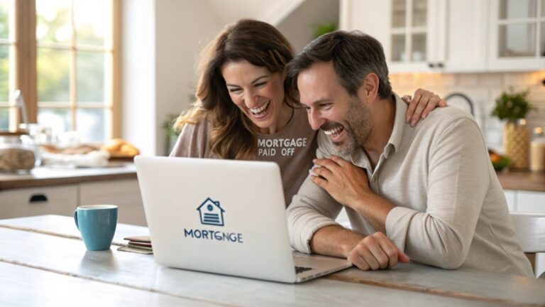 A smiling, attractive couple in their 30s or 40s sitting at a kitchen table, looking at a laptop screen together with expressions of relief and excitement.