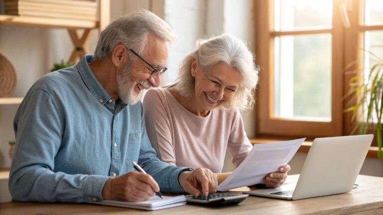 A smiling, vibrant elderly couple in their 70s sitting together at a desk in a cozy home office