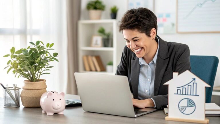 A smiling young professional sitting at a desk in an office, working on a laptop.