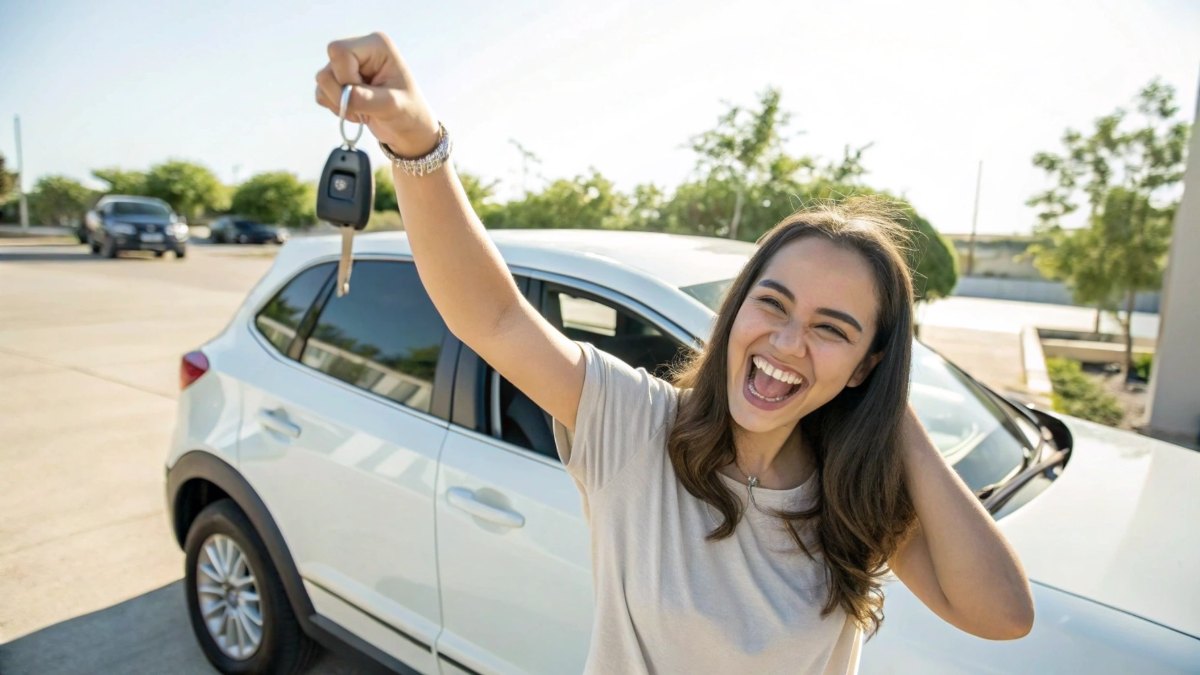 A smiling young woman proudly holding up car keys in front of her new vehicle, looking excited and accomplished,