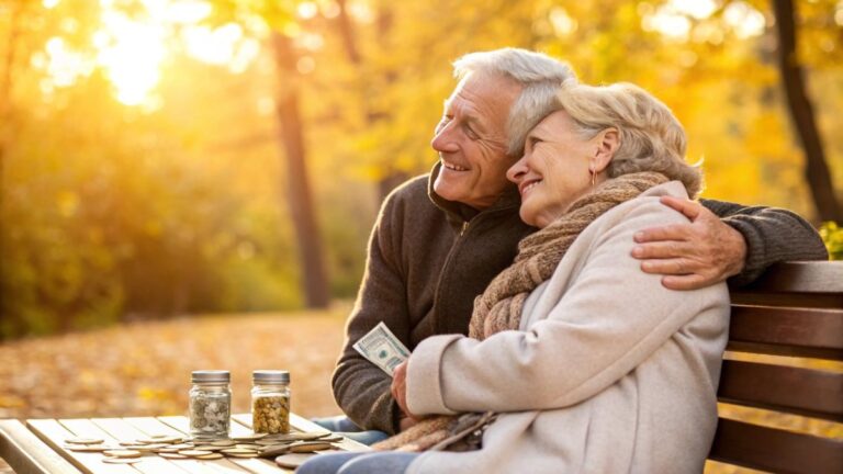 A vibrant, smiling elderly couple in their 60s or 70s, looking content and fulfilled