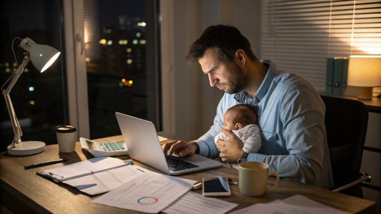 A well-dressed man sitting at a home office desk late at night, concentrated on his laptop screen