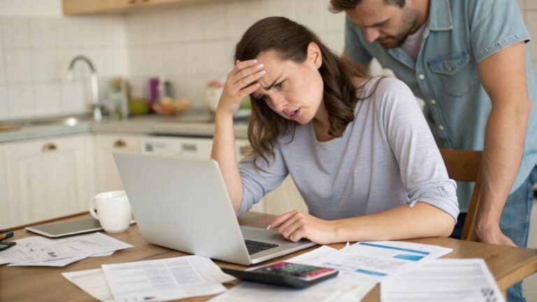 A woman in her late 20s or early 30s sitting at a kitchen table looking stressed and worried while staring at a laptop screen showing credit card statements and bills