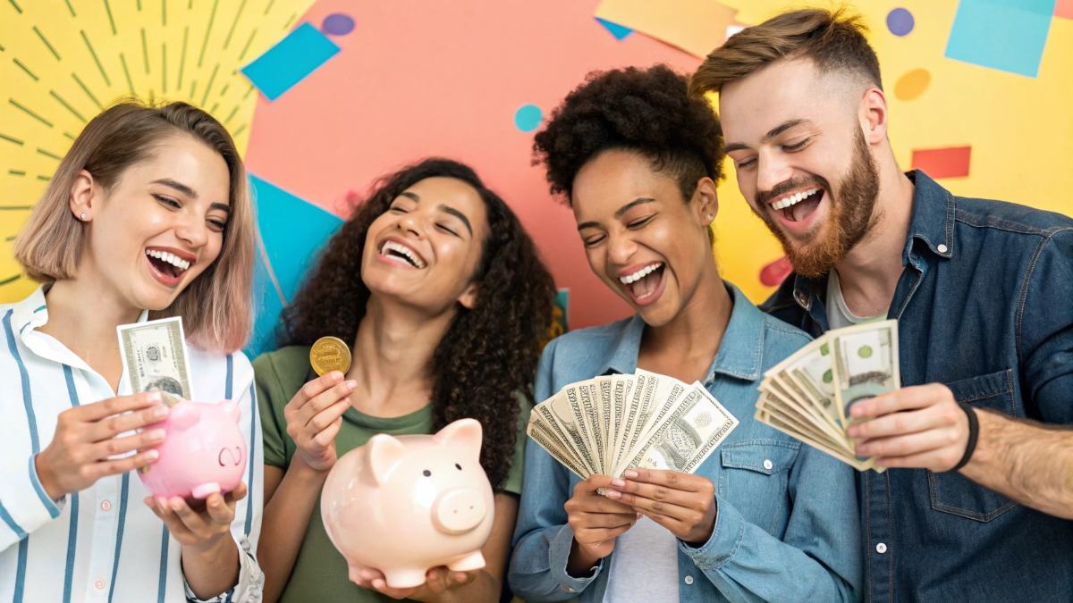 A young, diverse group of people smiling and celebrating together, holding up cash