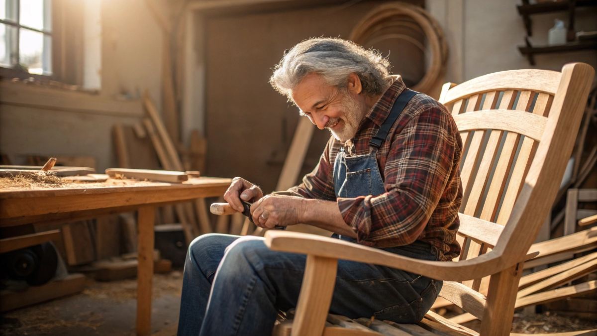 An older man with gray hair and a warm smile sits at a rustic woodworking bench in a sunlit workshop, carefully hand-crafting a beautiful wooden rocking chair