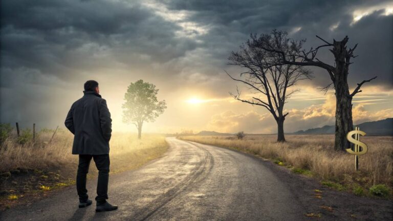 Create a visually captivating and thought-provoking image showing a person standing at a crossroads