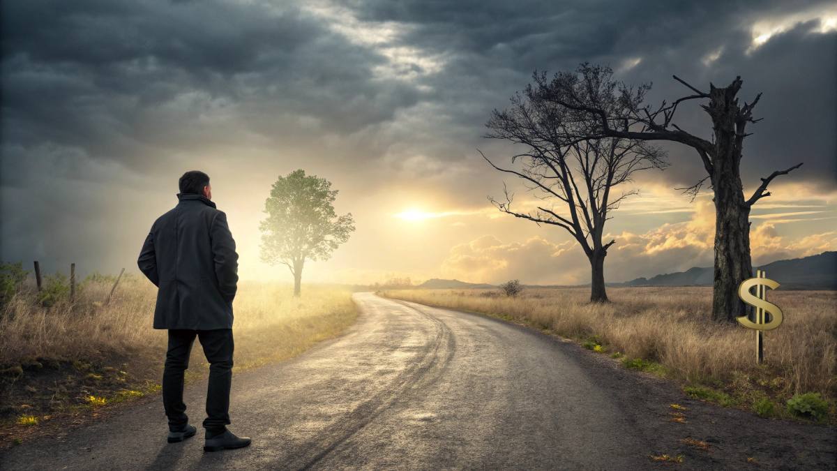 Create a visually captivating and thought-provoking image showing a person standing at a crossroads