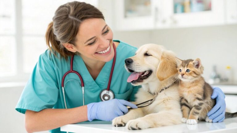 Detailed close-up portrait of a smiling veterinarian in scrubs and stethoscope holding a happy looking golden retriever puppy and kitten together