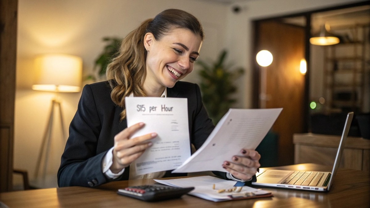 Highly detailed portrait photo of a smiling young professional woman in her 20s sitting at a desk, holding up a job offer letter with excitement and optimism on her face,