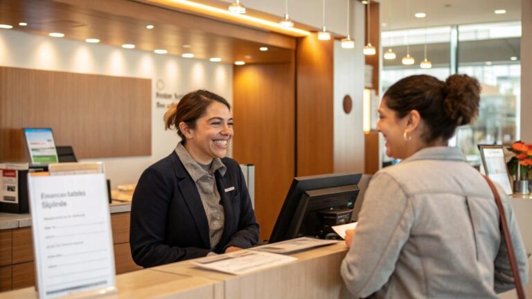 Smiling, approachable bank teller assisting a customer at the counter, with a warm and inviting atmosphere inside a modern bank branch interior.