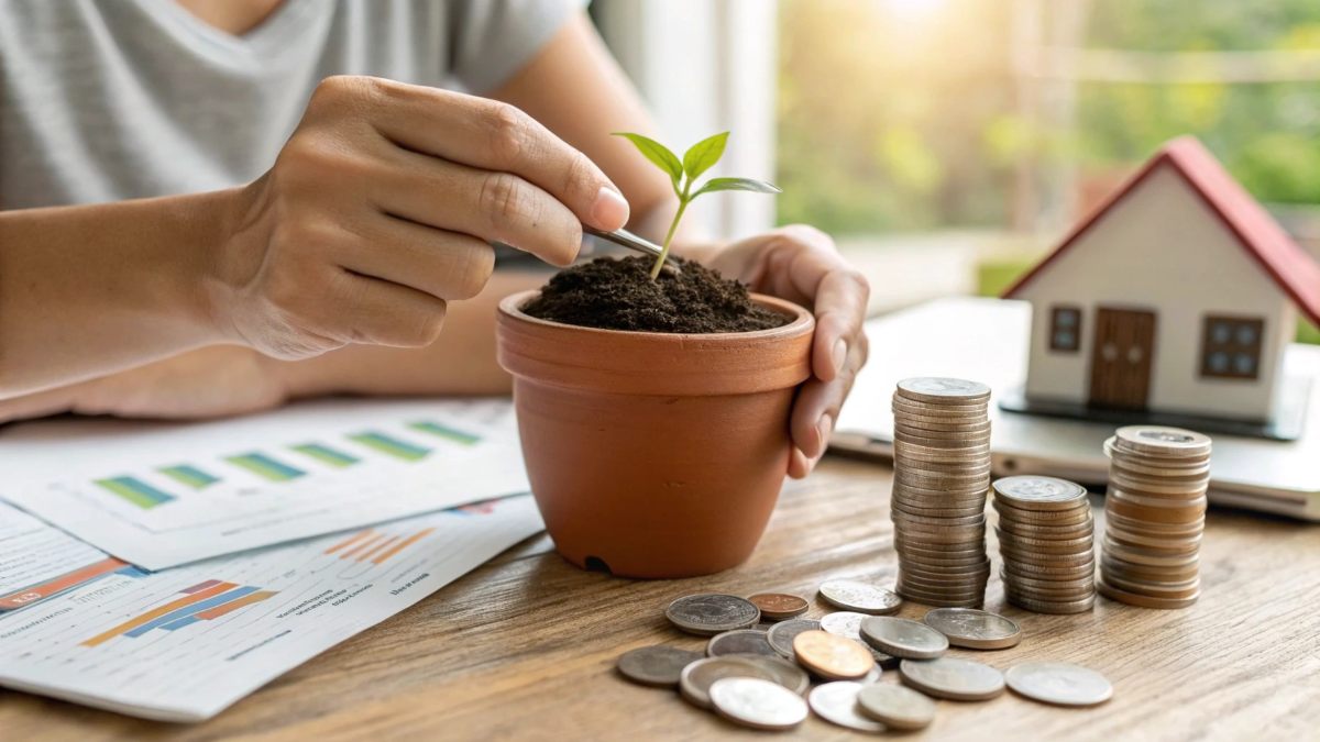 A close-up photo of a young adult's hands carefully placing a small seedling plant into soil in a terracotta pot, with various stacks of coins