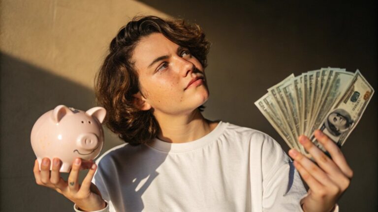 A close-up portrait of a young, attractive person with a thoughtful and focused expression