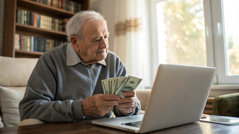 A close-up shot of a old man. showing money on his hand. and he sit in his home and add laptop in this image