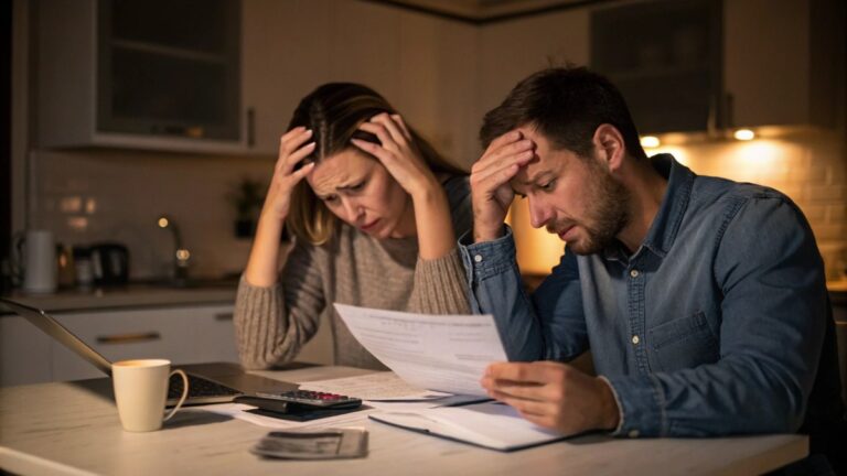 A concerned couple sitting at a kitchen table late at night