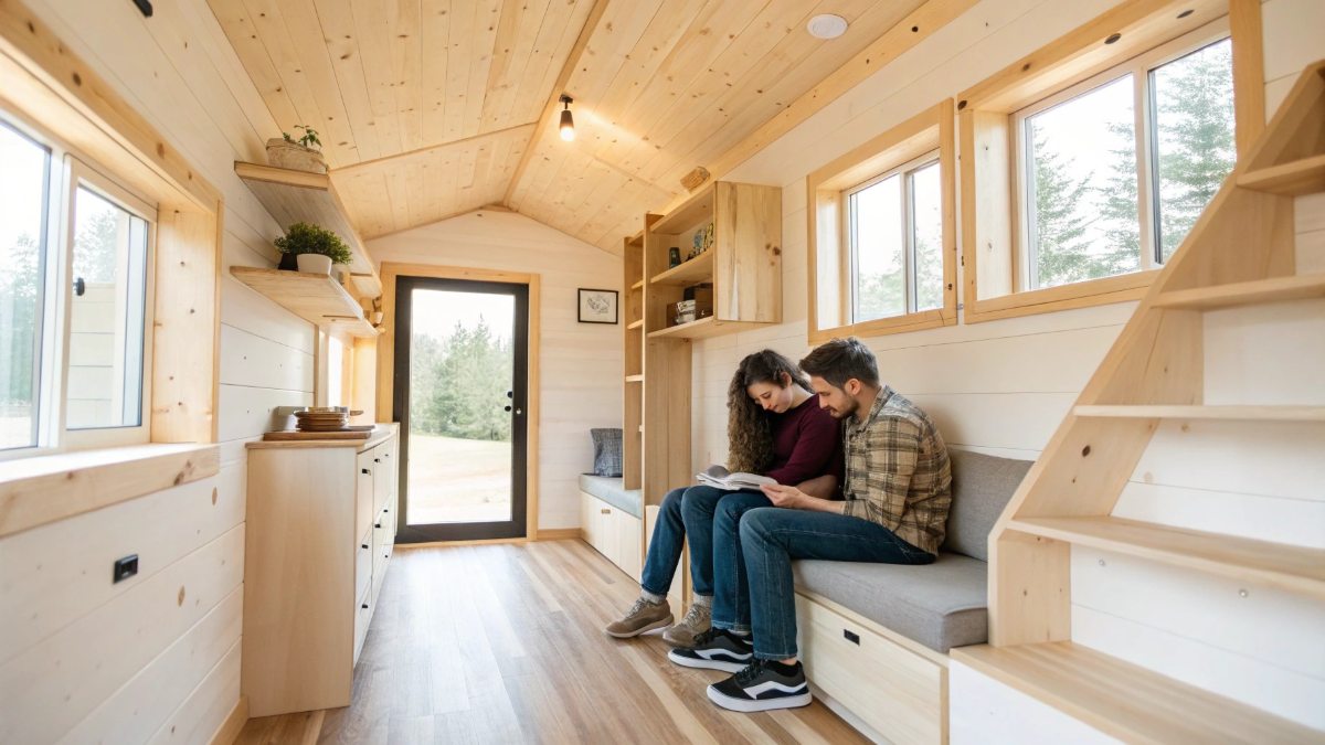 A cozy, minimalistic tiny house interior with warm, natural