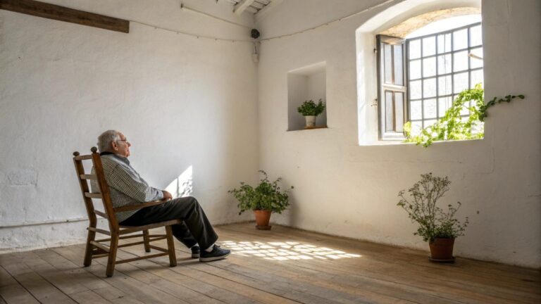 A cozy, sunlit room with clean white walls, containing only a simple