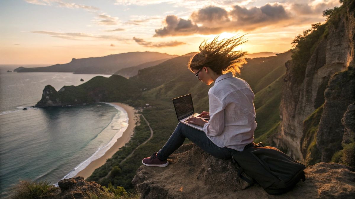 A dynamic, wide-angle shot of an adventurous young freelancer working on their laptop