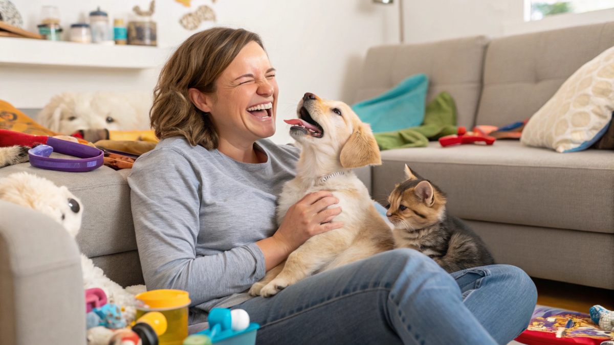 A happy, smiling woman sitting on a couch, cuddling and playing with her adorable