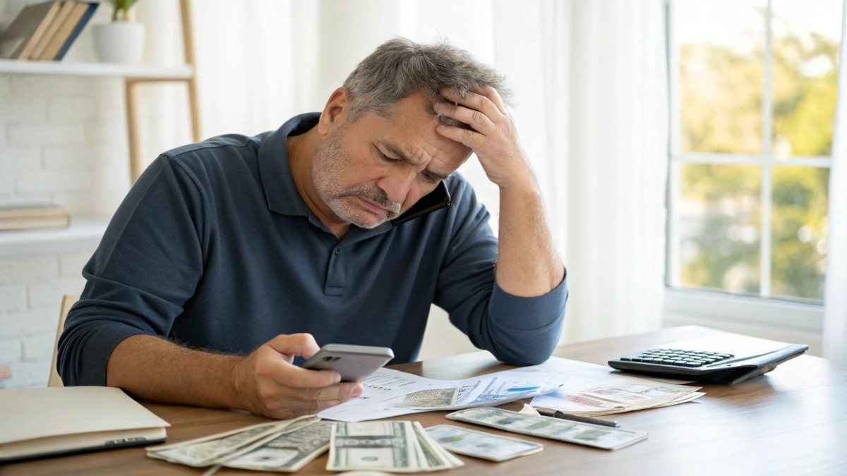 A middle-aged man or woman sits at a desk, looking thoughtful but determined