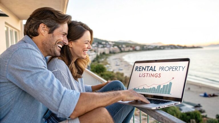 A smiling, attractive couple in their 40s sitting together on a balcony overlooking