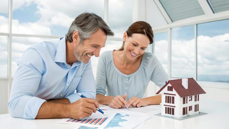 A smiling, confident middle-aged couple looking at finance documents together at a table